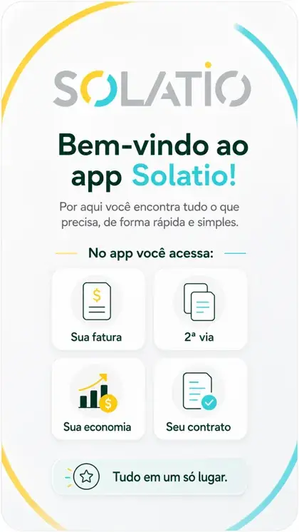 Tela do app Solatio com acesso a fatura, 2ª via, economia e contrato